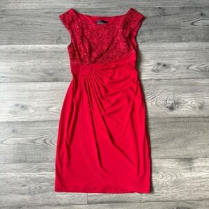 Connected Petite‎ Red Lace Sequin Cocktail Dress 4P Faux Wrap Sheath Holiday